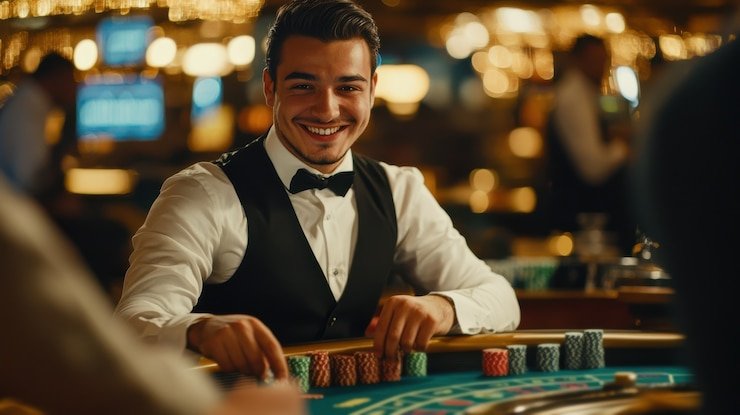 Dealer kiosgame menjelaskan hasil Kepala Number dengan layar digital di belakang