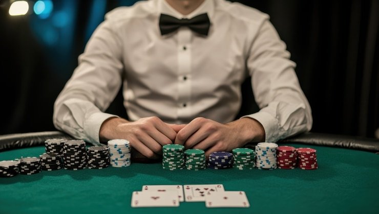 Roulette wheel kiosgame dalam studio dengan dealer dalam formal attire